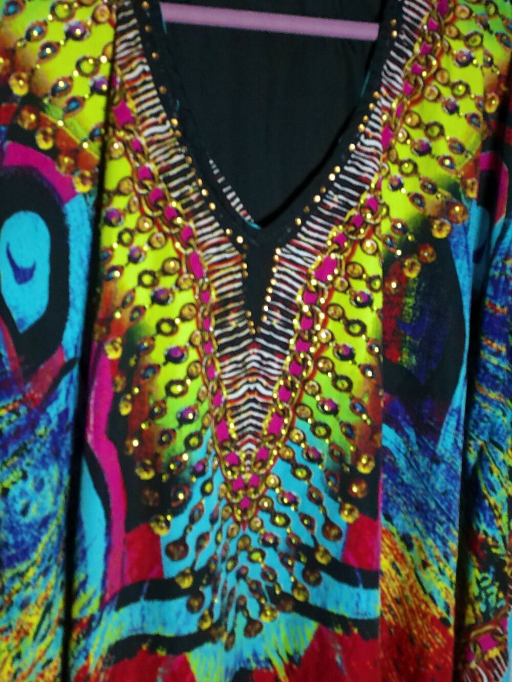BEACHES & BOHO Arm Holes V-Neck Colorful Design w/Shiny Gold Studs Cover-Up S/M - Picture 2 of 8